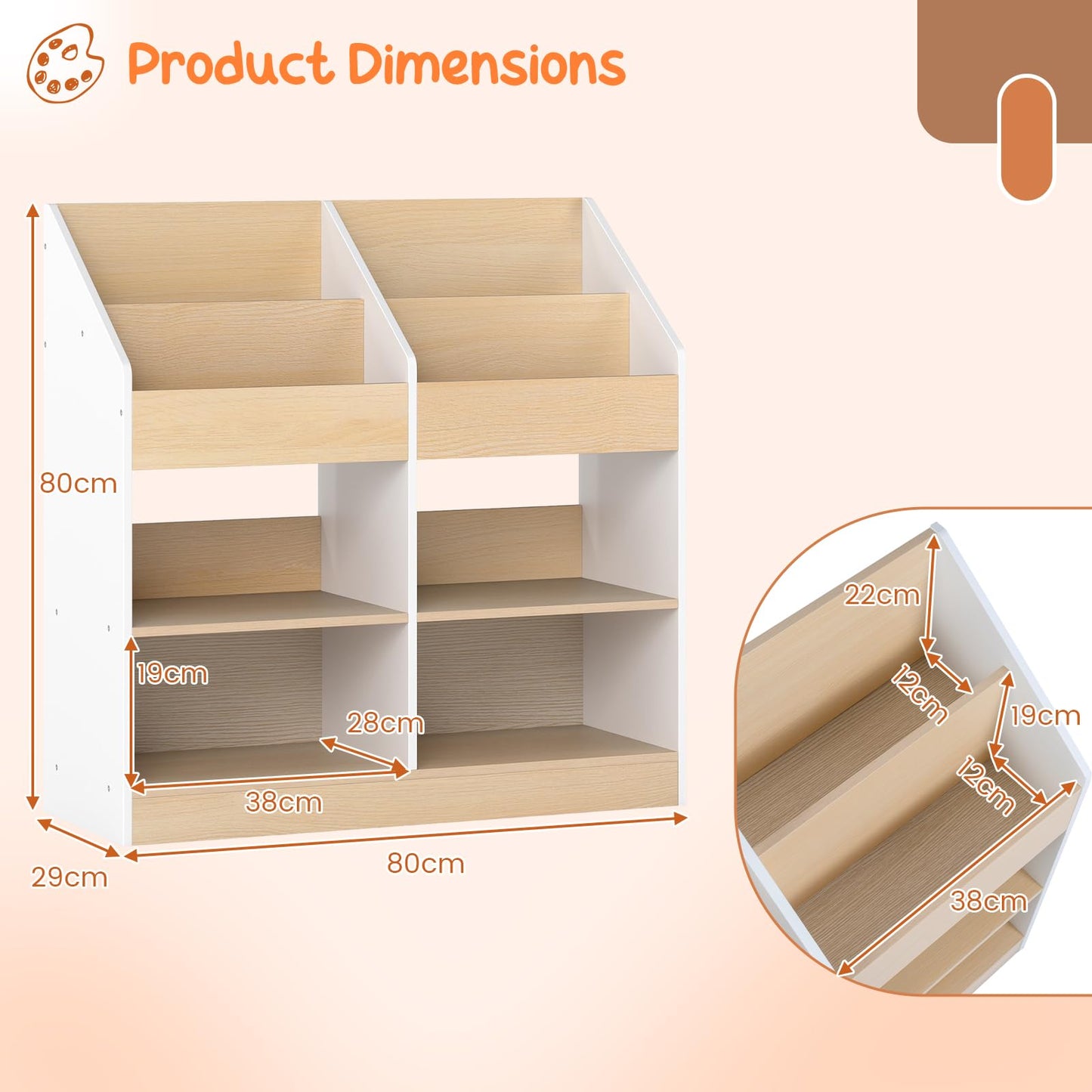 Kids Bookshelf Toddler Book Stand with 4 Upright Cubes and 4 Storage Compartments