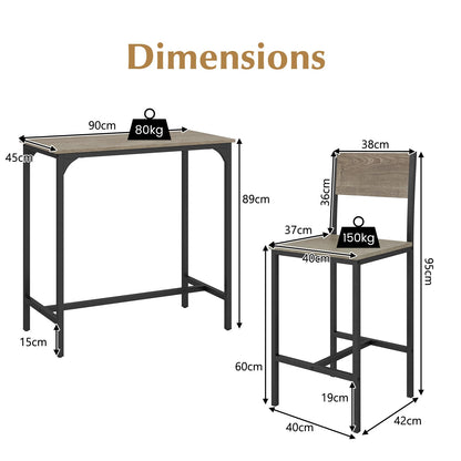 3 Piece Bar Table Set with Pub Dining Table and 2 Bar Stools for Small Space