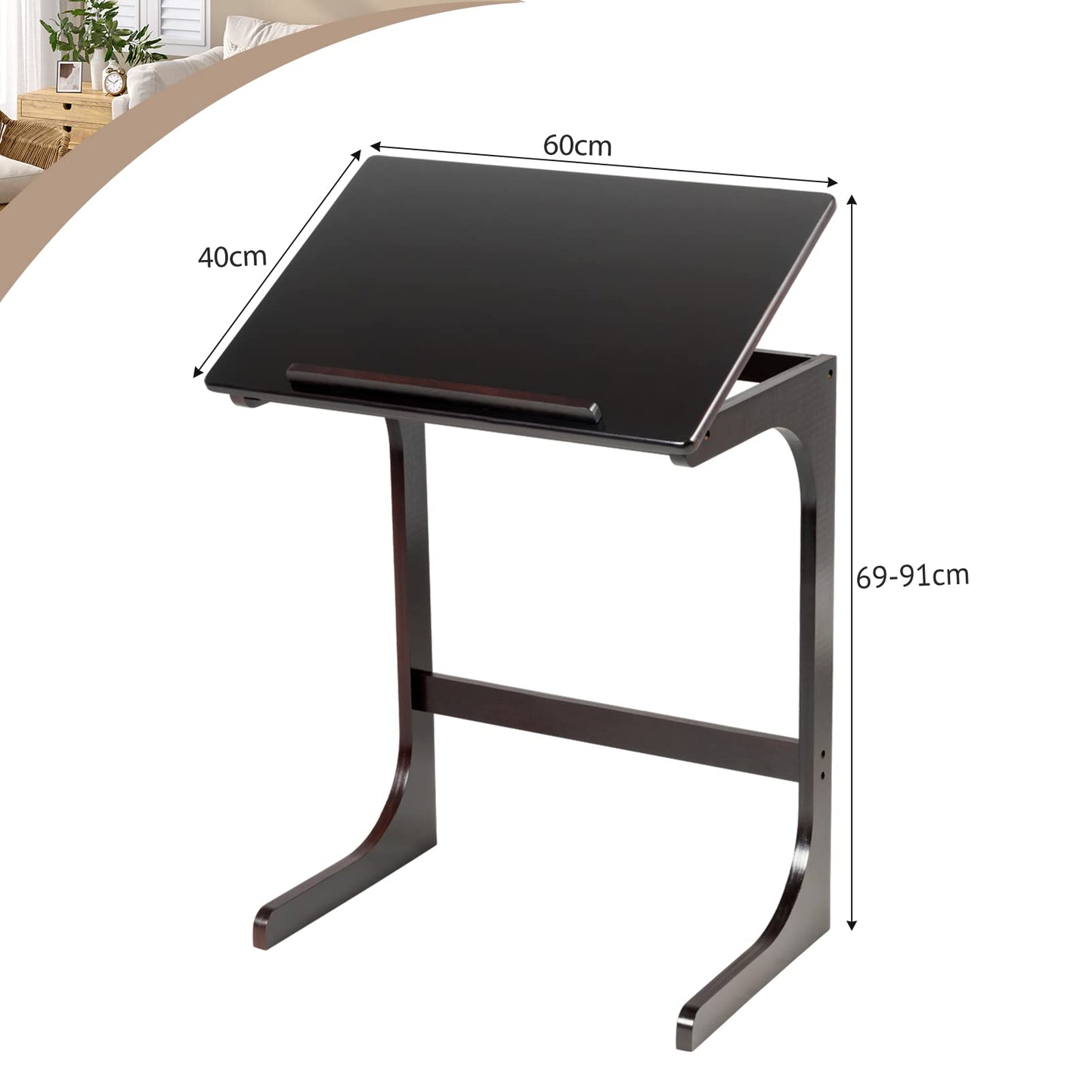 C-Shaped Bamboo Side Table with 7 Adjustable Angles