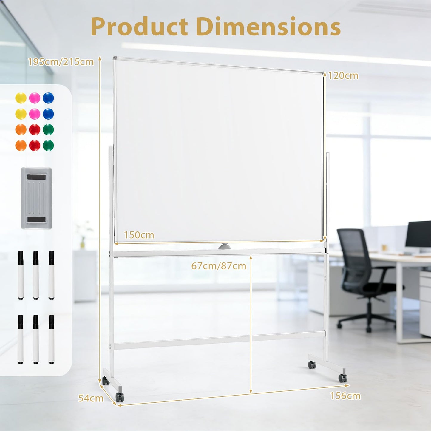 Double Sided Magnetic Whiteboard, Mobile Reversible Dry Erase Board with Black Markers