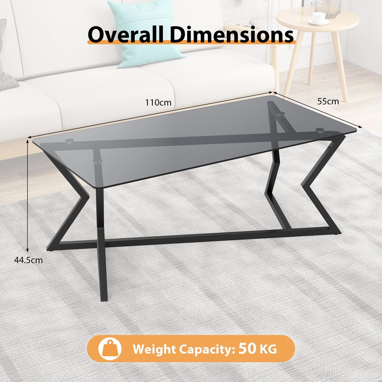 Rectangular Glass Coffee Table with Tempered Top and Metal Frame for Living Room