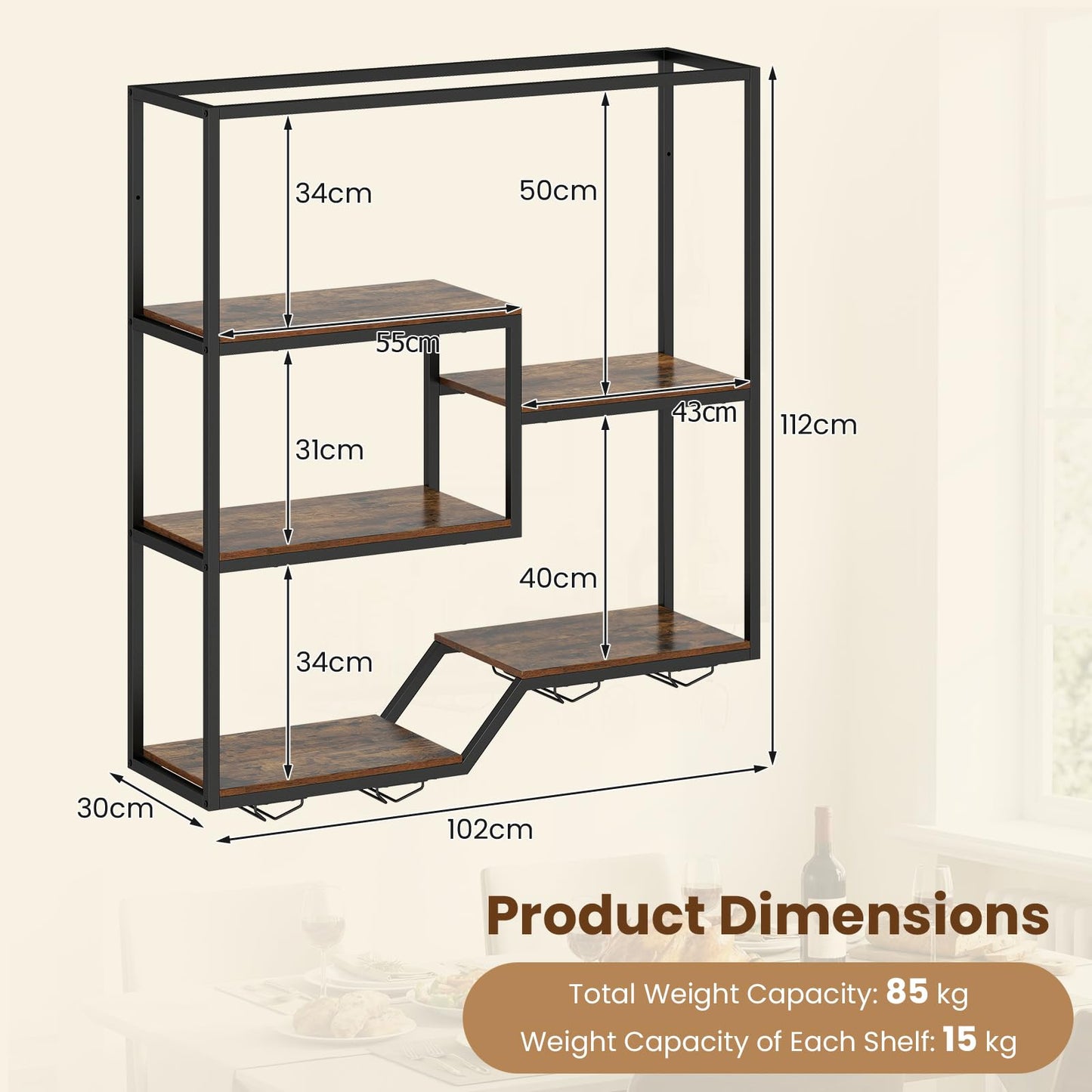 Wall Mounted Wine Rack, 5-Tier Hanging Bar Shelves with 4 Wine Glass Holders