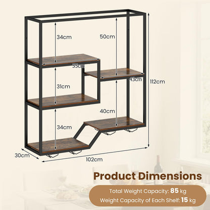 Wall Mounted Wine Rack, 5-Tier Hanging Bar Shelves with 4 Wine Glass Holders