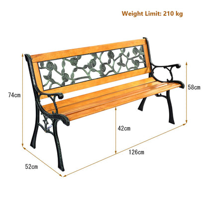 Solid Wood Slatted Seat Loveseat Park Bench Flat Back with Rose Pattern