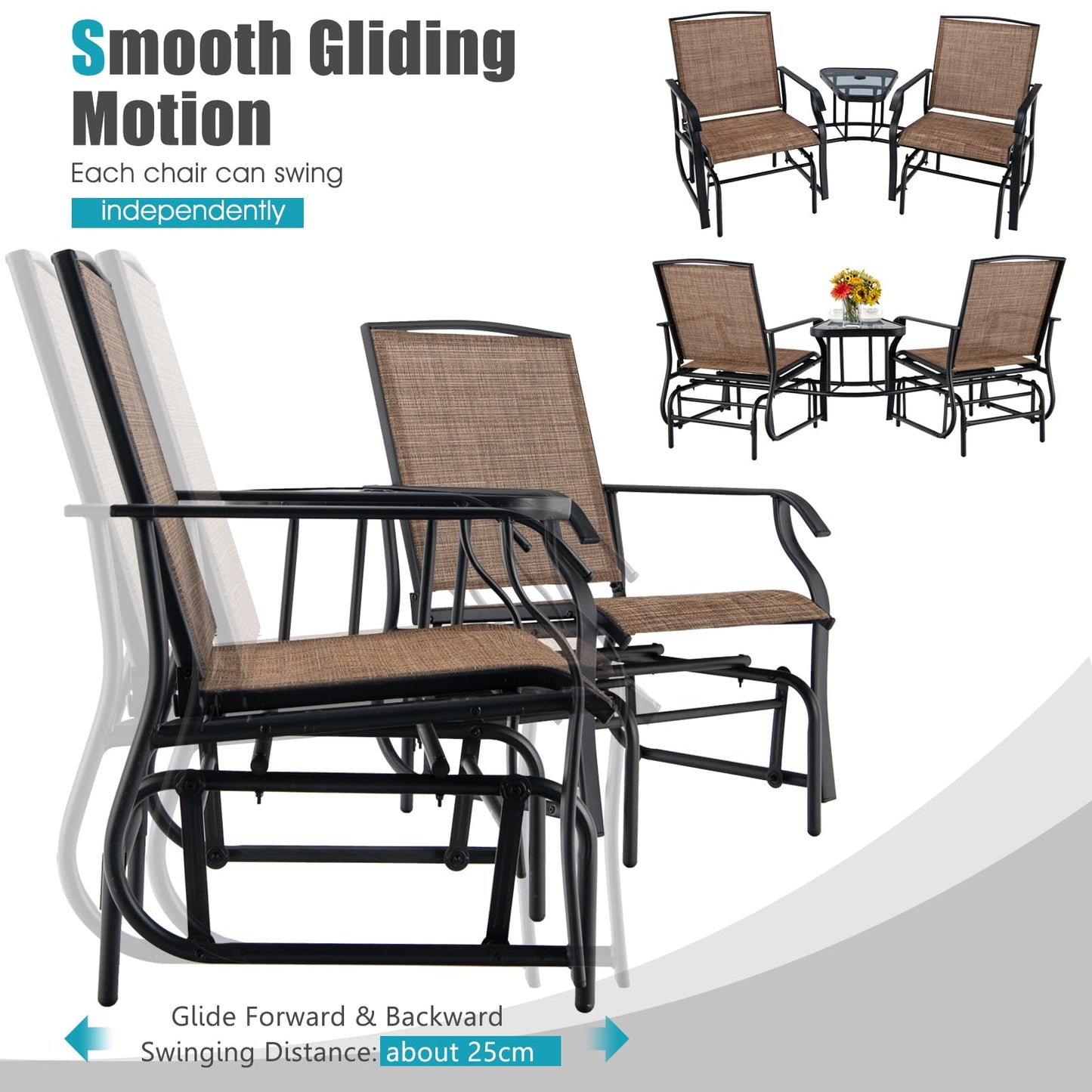 Outdoor Double Swing Glider Chair Set with Table and Umbrella Hole