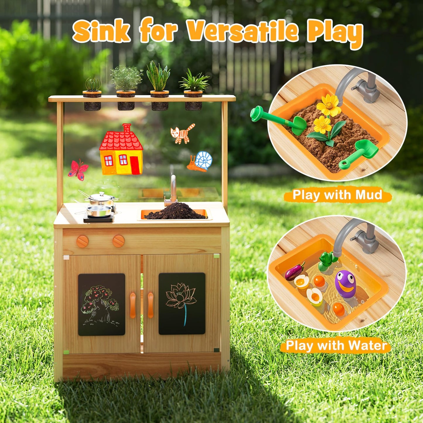 Fir Wood Play Kitchen with Planting Pots and Removable Sink for Backyard Garden