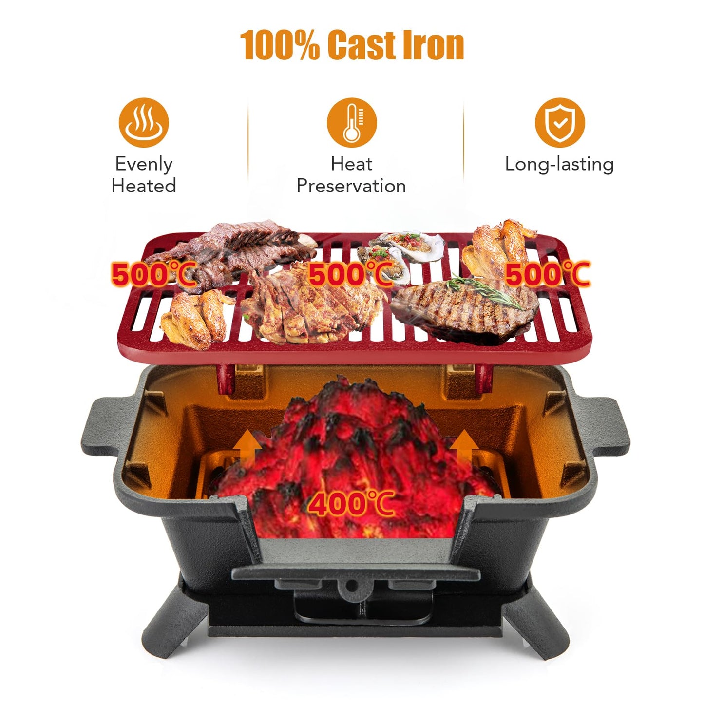 Cast Iron Charcoal Grill, Tabletop Barbecue Grill with Double-Sided Grilling Net