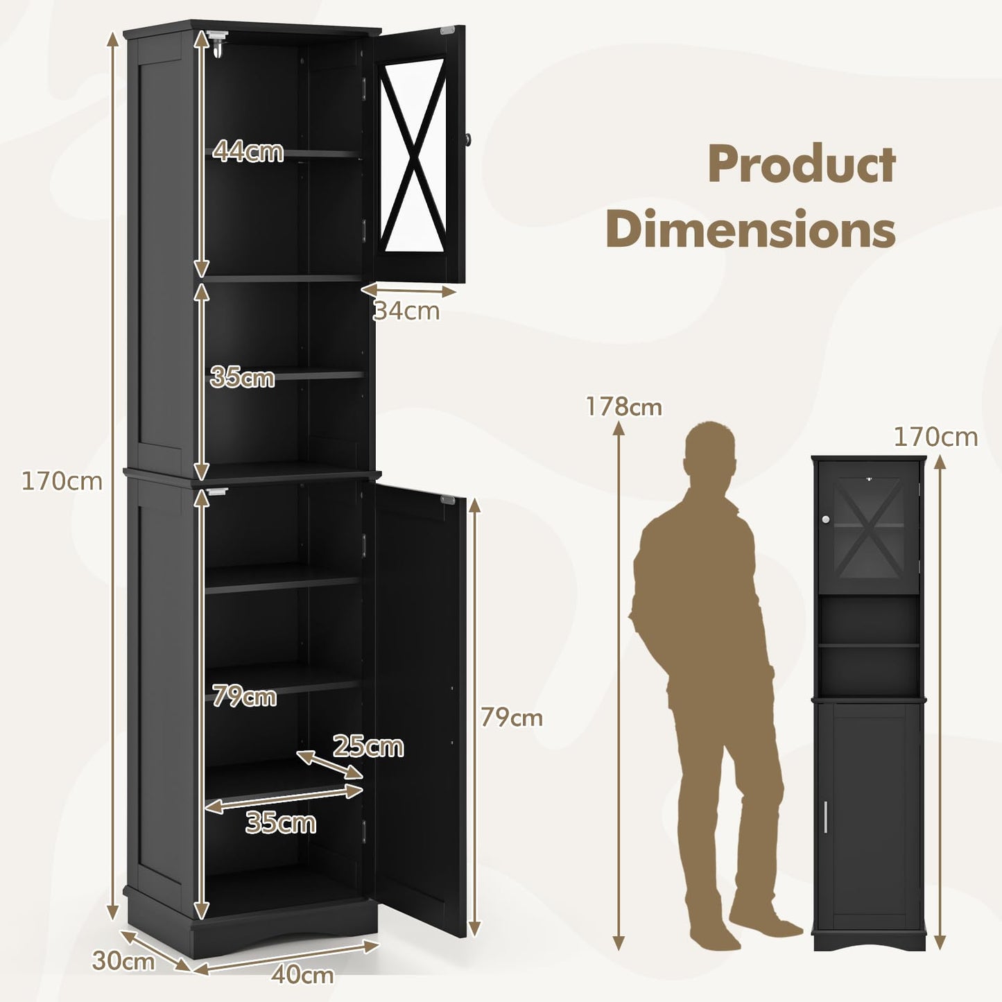 Freestanding Storage Cupboard with 5 Adjustable Shelves and 2 Doors