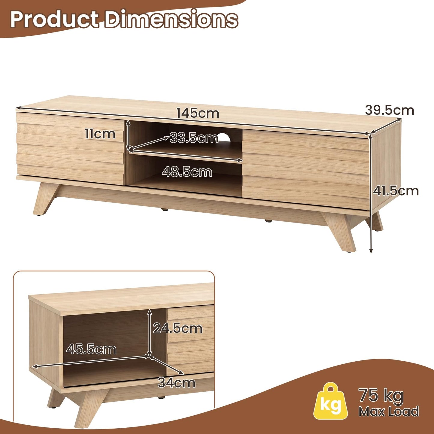 TV Unit for 55 Inch TVs, 145cm Wooden TV Stand Cabinet with 2 Sliding Doors and Adjustable Storage Shelf