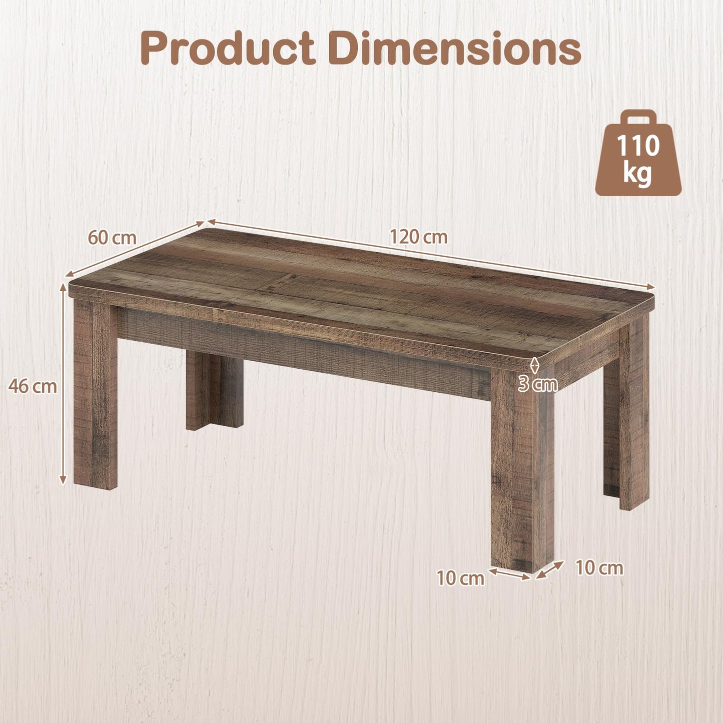120 cm Farmhouse Coffee Table with Spacious Tabletop