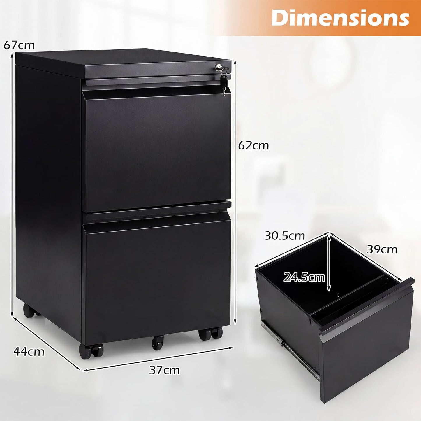 2/3-Drawers Mobile File Cabinet, Rolling Metal Filing Cabinet with 5 Casters and 2 Keys