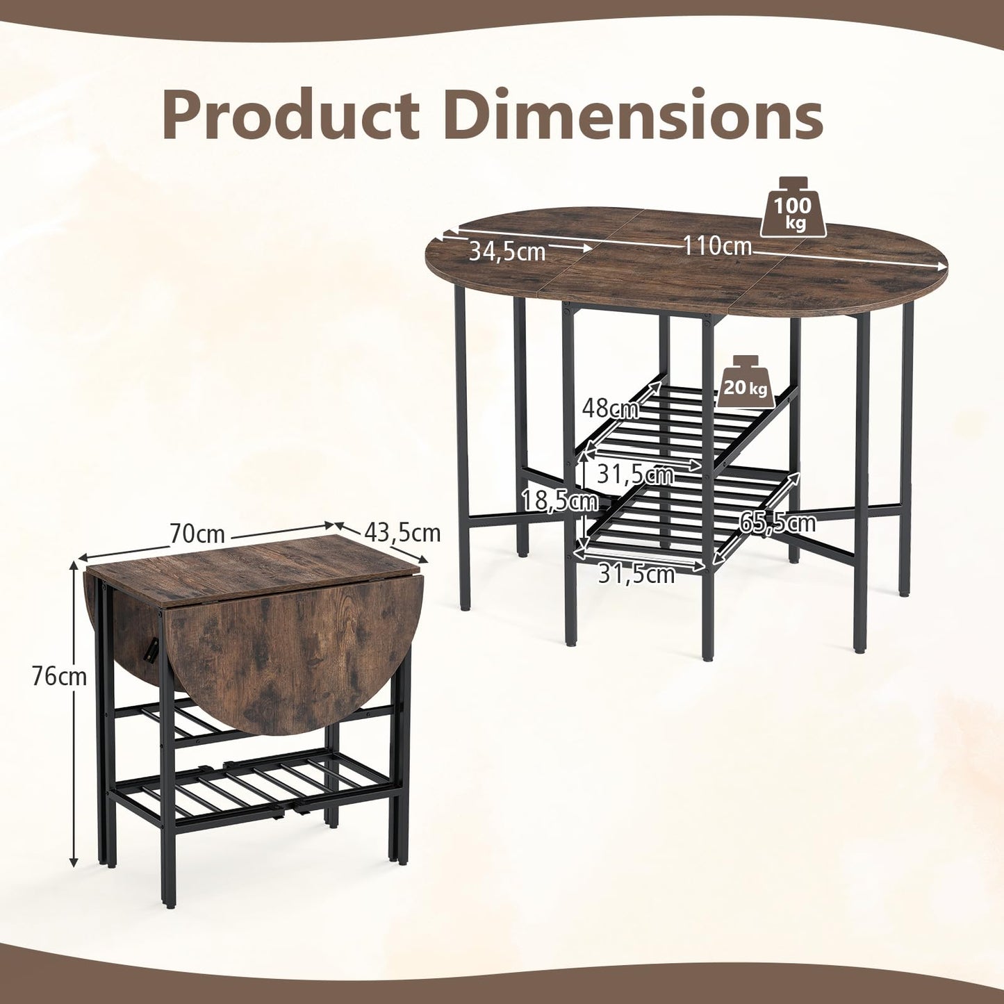 GiantexUK Folding Dining Table, Extendable Drop Leaf Table with Metal Frame & Storage Shelves