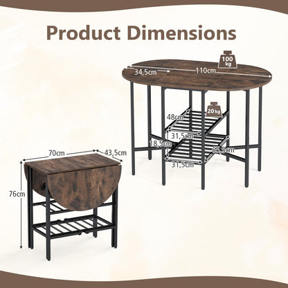 GiantexUK Folding Dining Table, Extendable Drop Leaf Table with Metal Frame & Storage Shelves