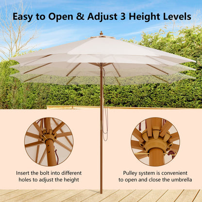 Pulley Operated Wood Patio Umbrella with 3 Gear Position and 8 Ribs