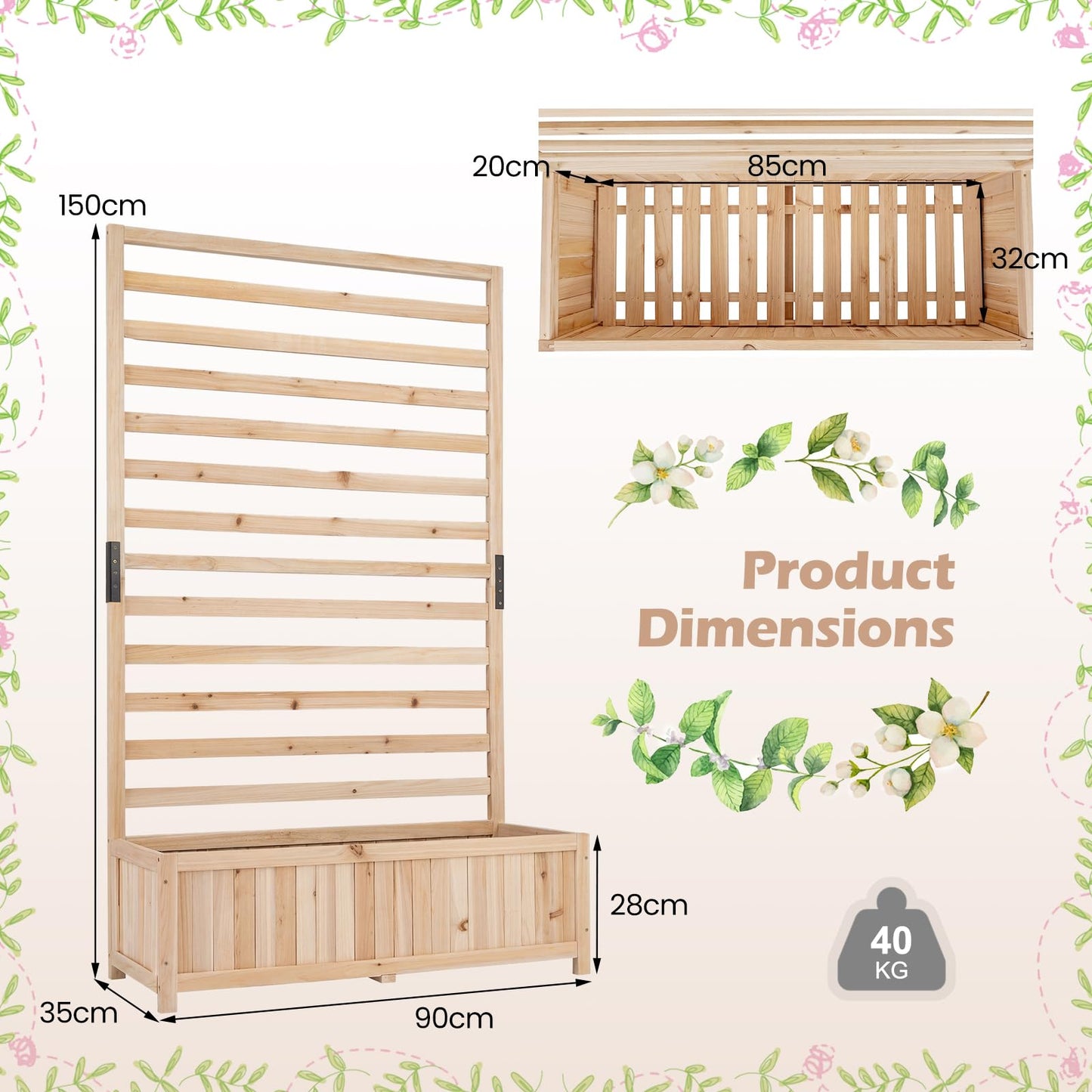 Wooden Planter with Trellis, Raised Garden Bed with Liner, Drainage Design