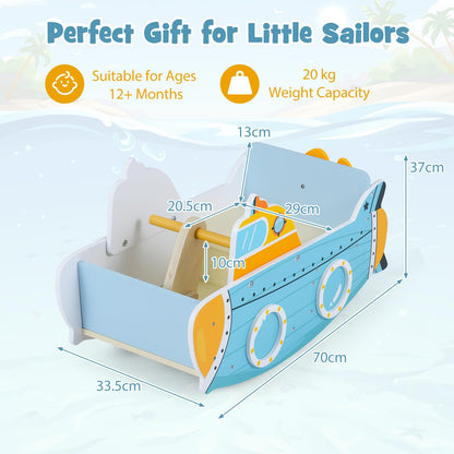 Kids Rocking Boat, Submarine-Themed Wooden Rocking Ship Toy with Rotating Propeller