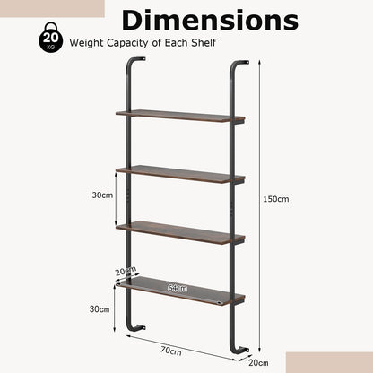 4 Tier Wall Mounted Industrial Pipe Shelving Wood Floating Shelves
