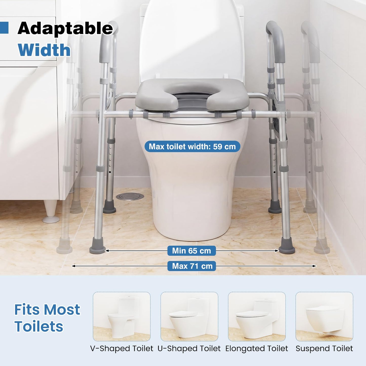 Adjustable Height and Width Raised Toilet Seat for Seniors with Padded Arms and Storage Bag