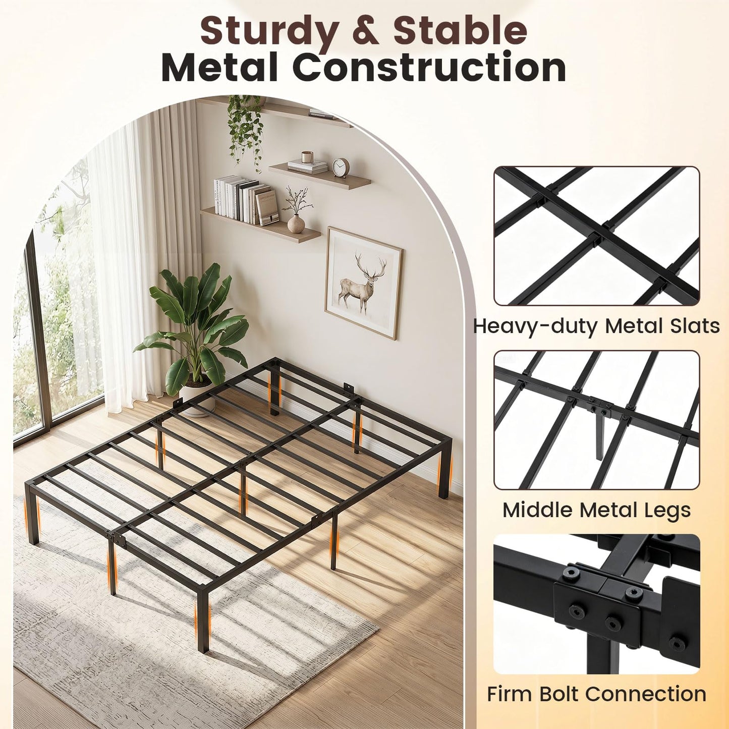 4ft6 Double Bed Frame, 135 x 190cm Heavy-Duty Metal Platform Bed Frames