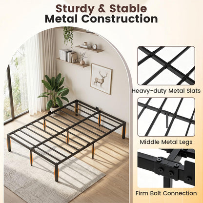 4ft6 Double Bed Frame, 135 x 190cm Heavy-Duty Metal Platform Bed Frames
