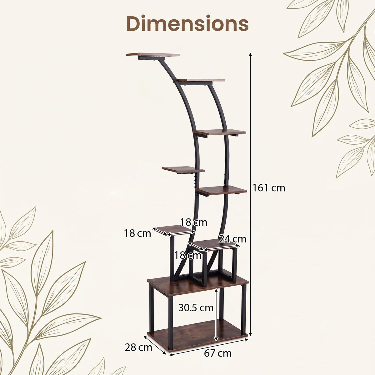 Plant Stand with Grow Lights, 161cm Tall 9-Tier Corner Metal Plant Shelf Flowerpot Holder