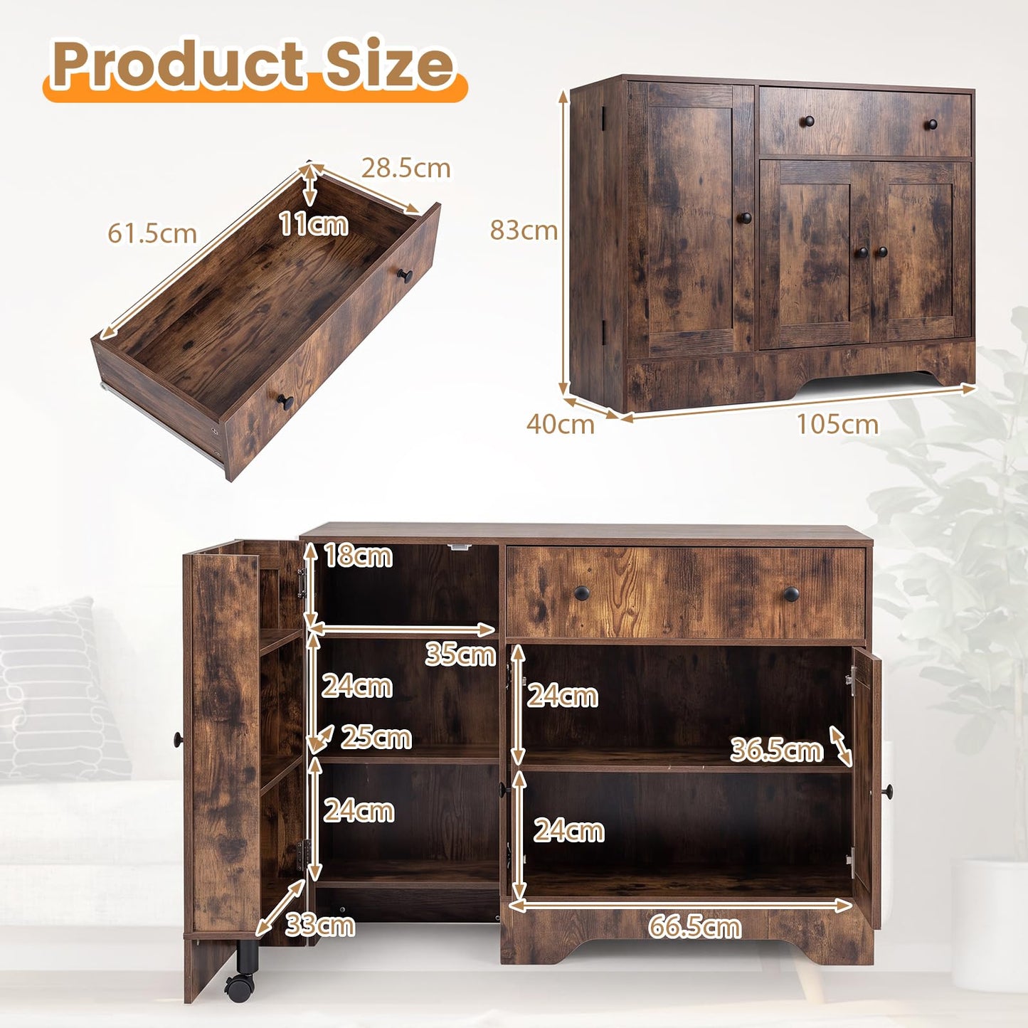 Storage Cabinet with 3 Doors, 3-Tier Side Rack & Lockable Wheel
