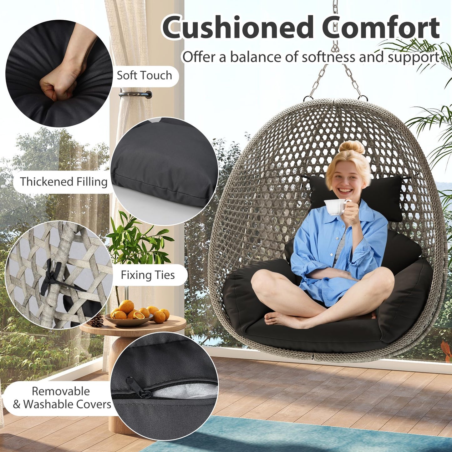 Swing Egg Chair with Soft Thick Cushion and Head Pillow