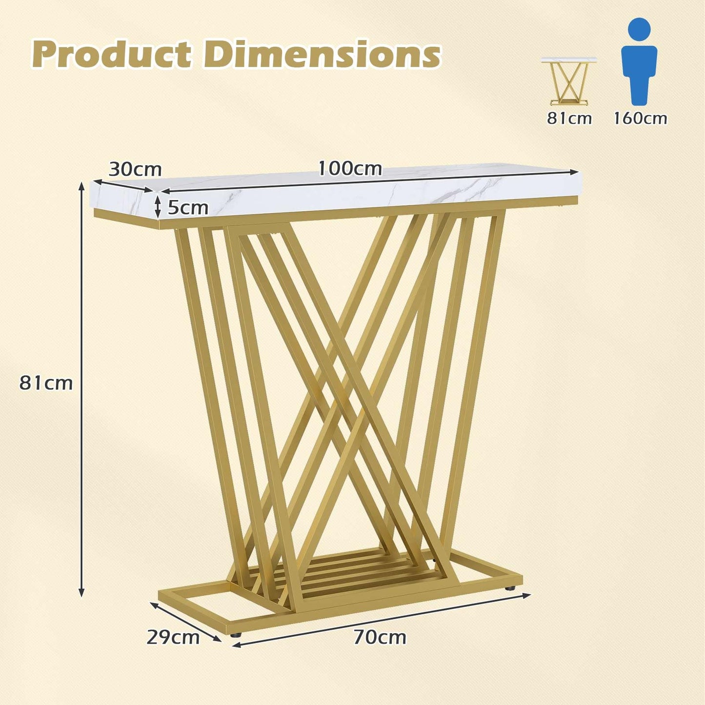 Gold Console Table Modern Sofa Table with Faux Marble Rectangular Tabletop