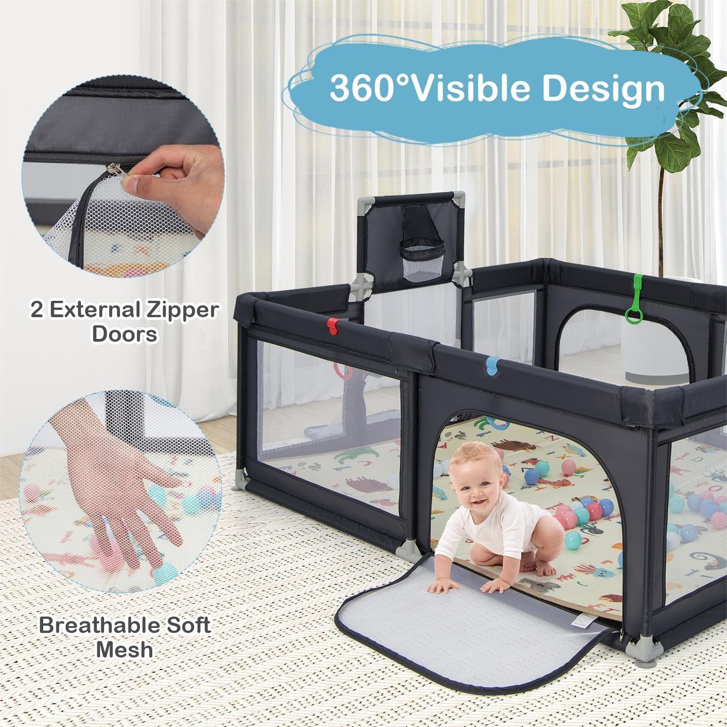 Toddler Mesh Play Pen with Mat, Pull Rings