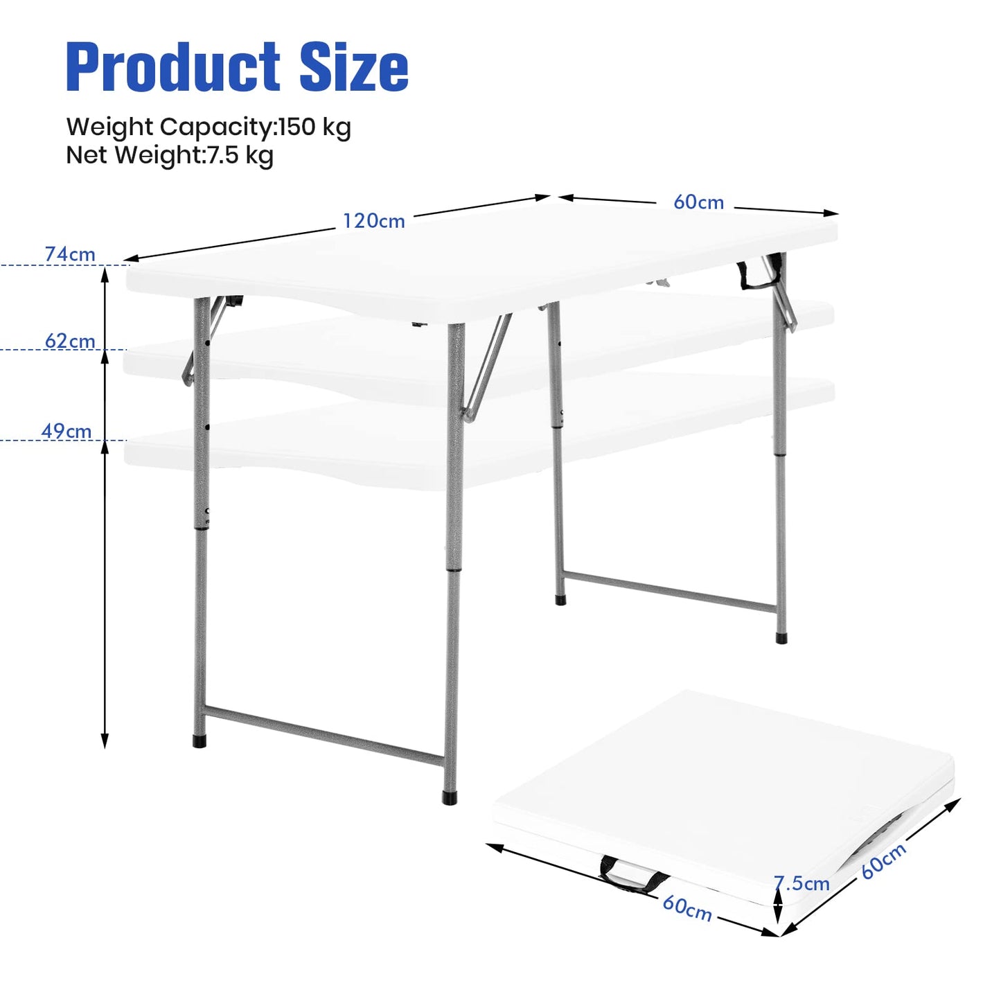 Portable Bi-fold Picnic Table with 3-Level Height Adjustment