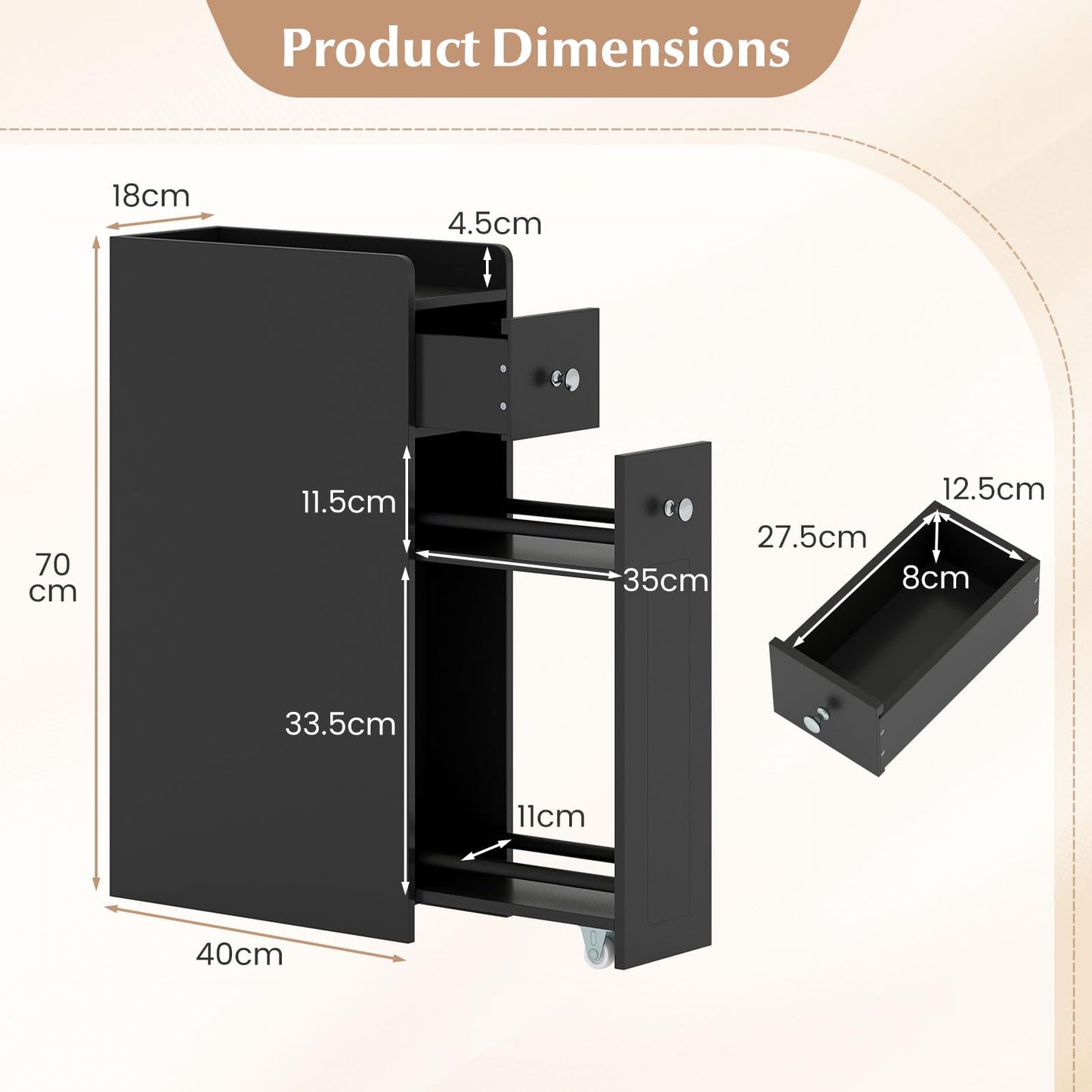 Small Bathroom Storage Cabinet 4-Tier Narrow Toilet Side Storage Cabinet with Slide Out Drawers on Casters