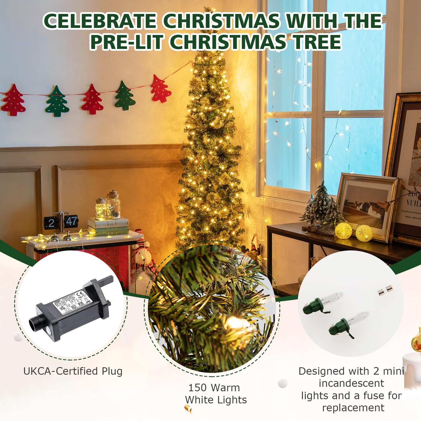 210cm Pre-Lit Half-Shape Christmas Tree with 403 Branch Tips and 150 LED Lights