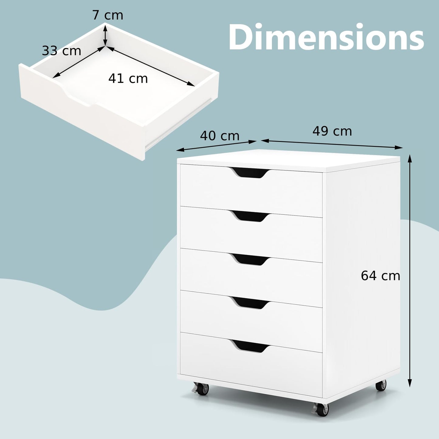 5 Drawer Chest with Lockable Wheels for Home Office