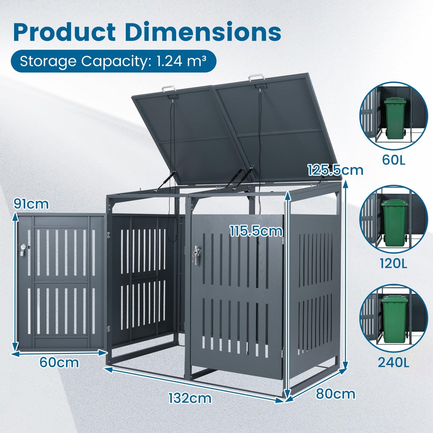 Double Wheelie Bin Storage, 240L Metal Garden Bin Hideaway with Gas Struts