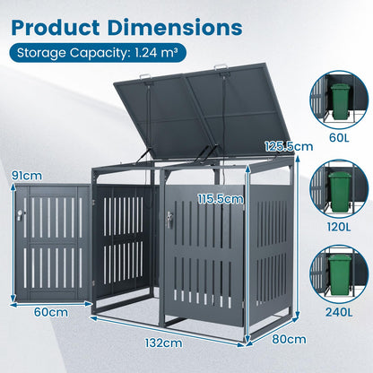 Double Wheelie Bin Storage, 240L Metal Garden Bin Hideaway with Gas Struts