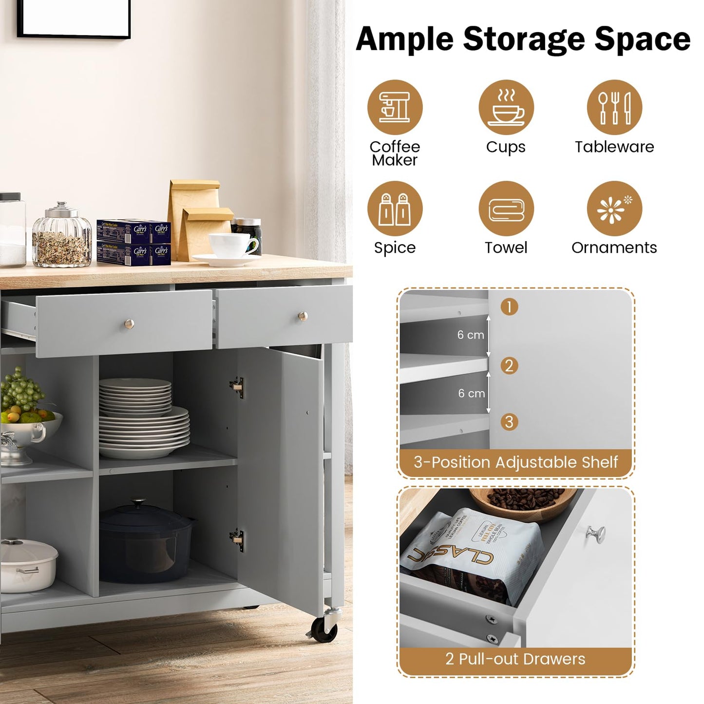 Mobile Kitchen Island Cart Rolling Kitchen Island with Rubber Wood Top