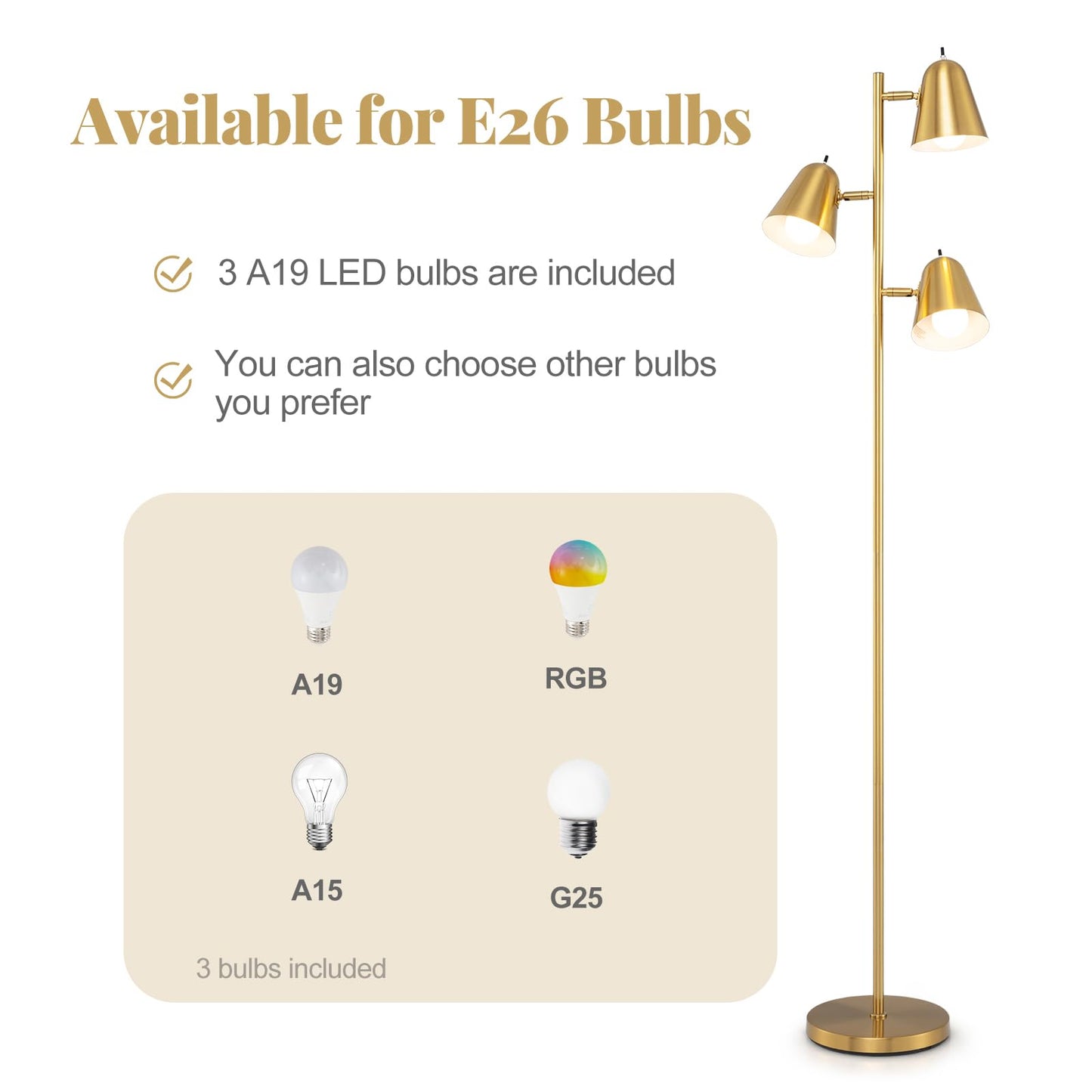 3-Bulb Floor Lamp with 3 E26 A19 Bulbs and Adjustable Lampshades
