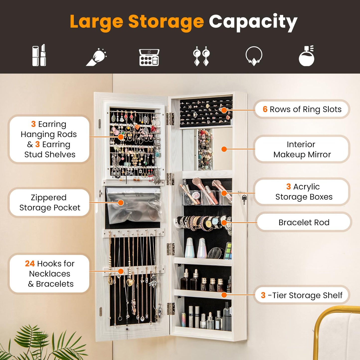 Door Hanging/Wall Mounted Jewelry Armoire with Full Length Mirror and Large Storage