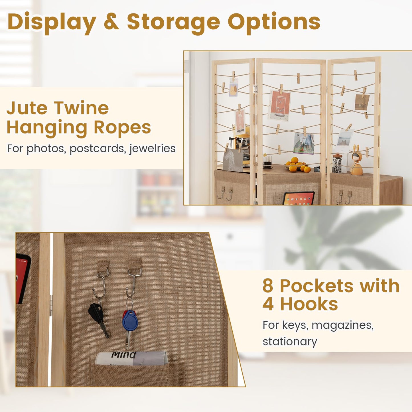 3 Panel Folding Room Divider with 8 Pockets