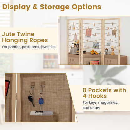 3 Panel Folding Room Divider with 8 Pockets