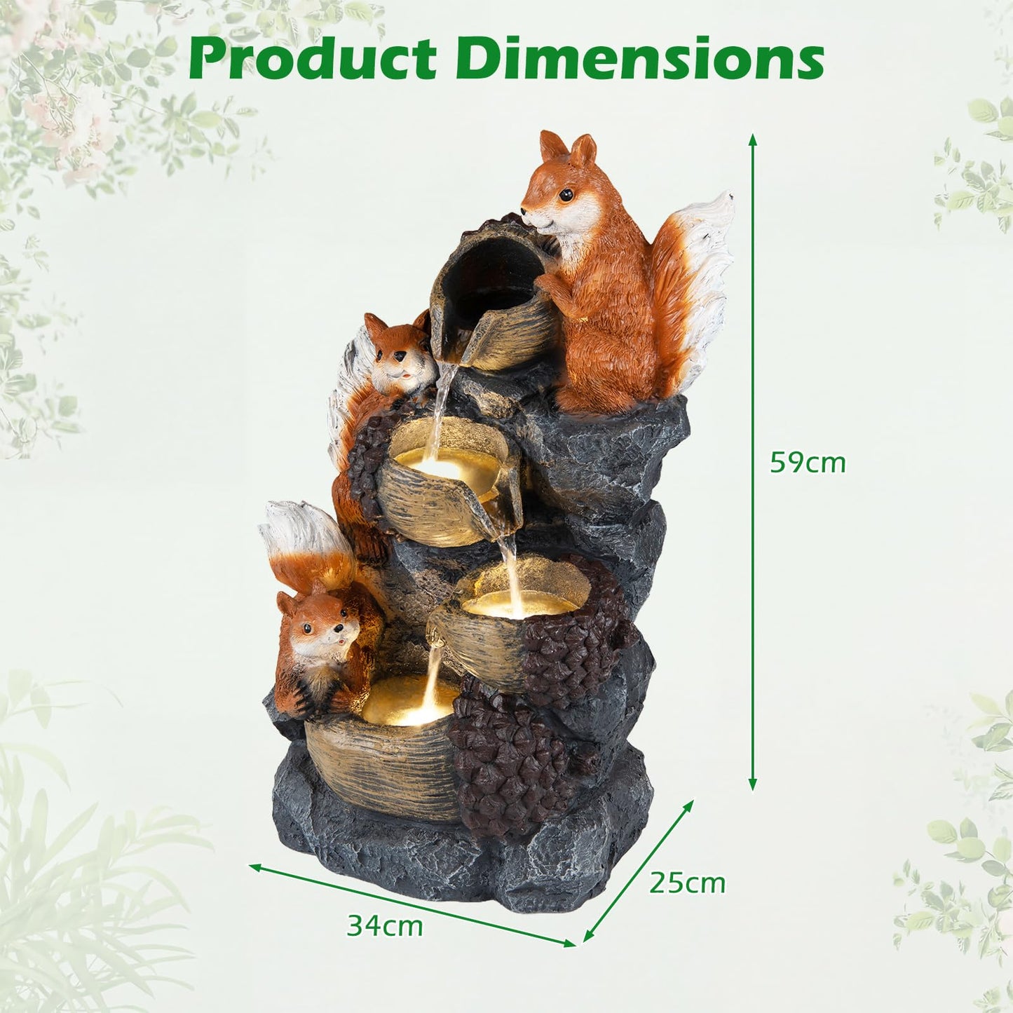 4-Tier Outdoor Water Fountain, 59cm Cascading Waterfall Fountain with 3 LED Lights