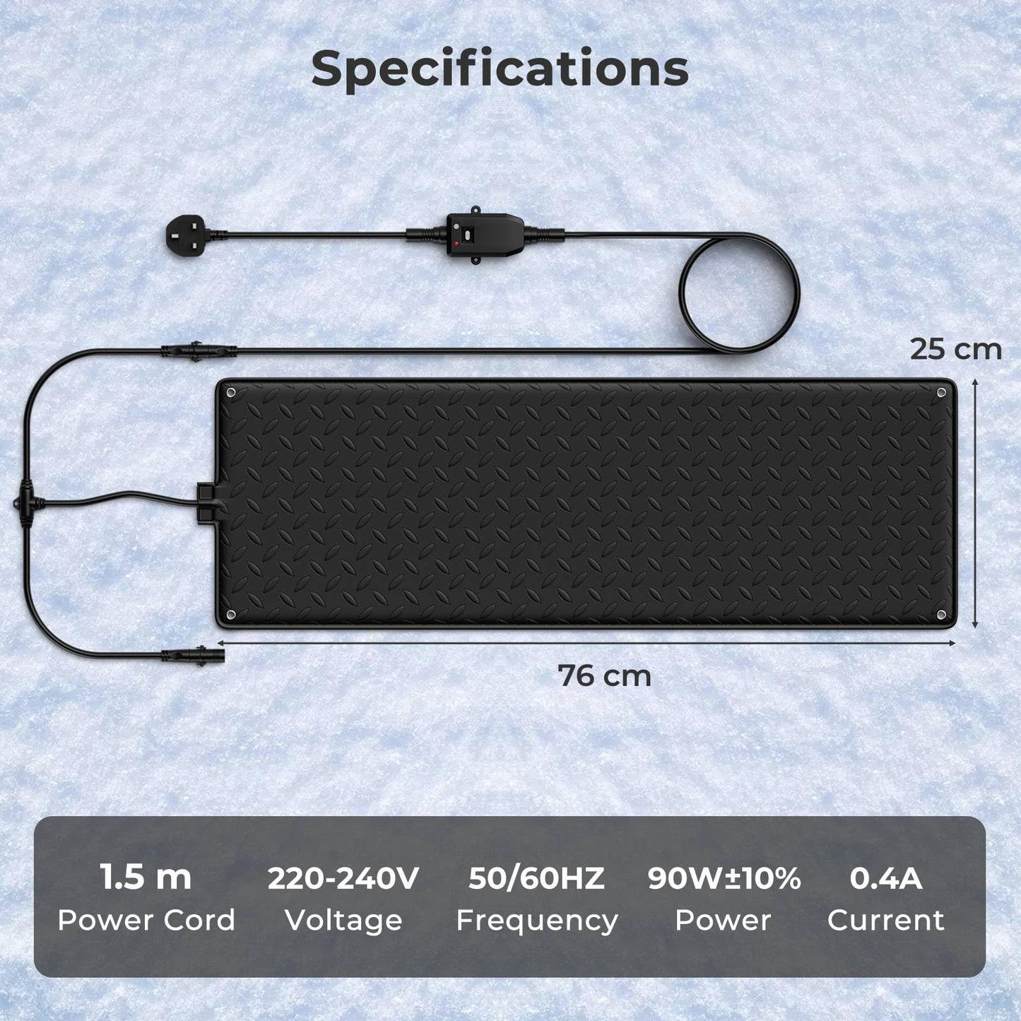 Heated Snow Melting Mat, Outdoor No-Slip Rubber Mat with 1.5m Power Cord