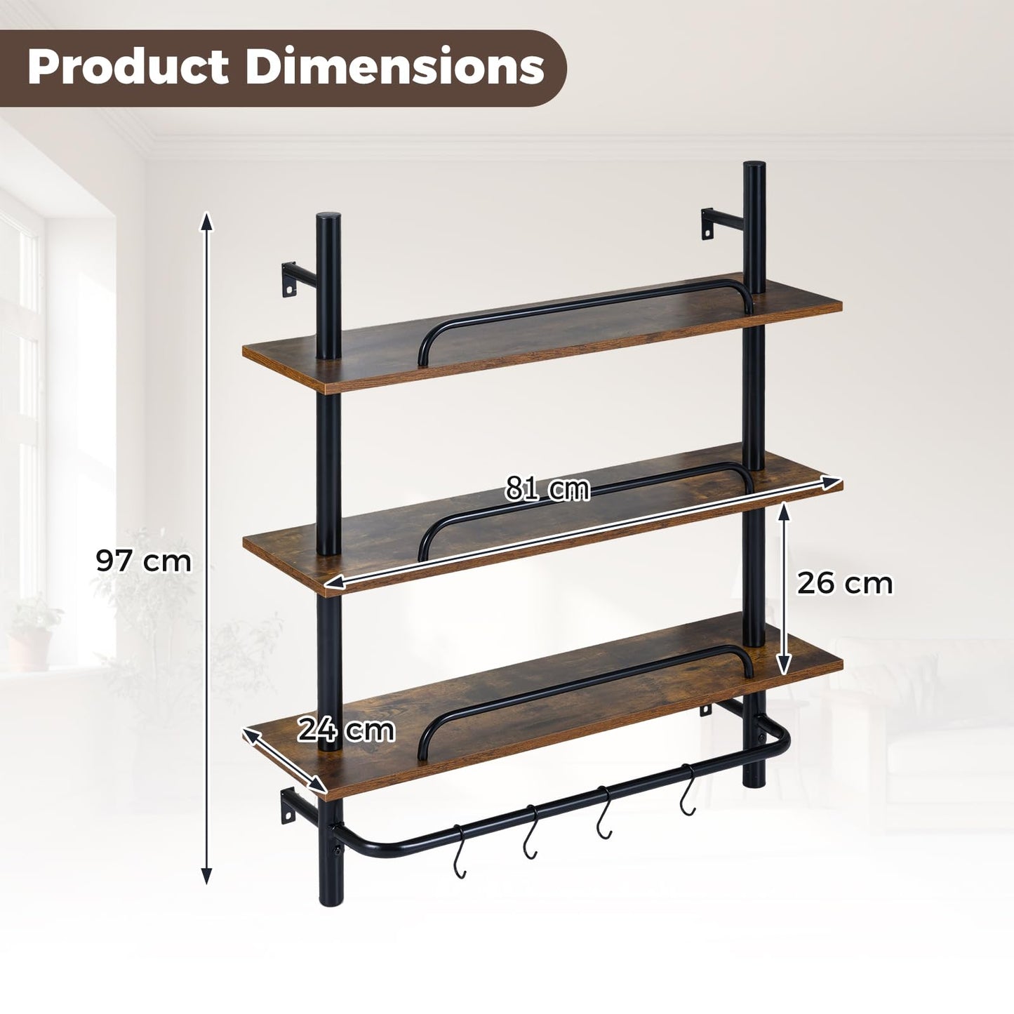 3-Tier Industrial Floating Shelves for Wall with 4 S-Shaped Hooks