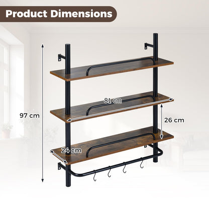 3-Tier Industrial Floating Shelves for Wall with 4 S-Shaped Hooks