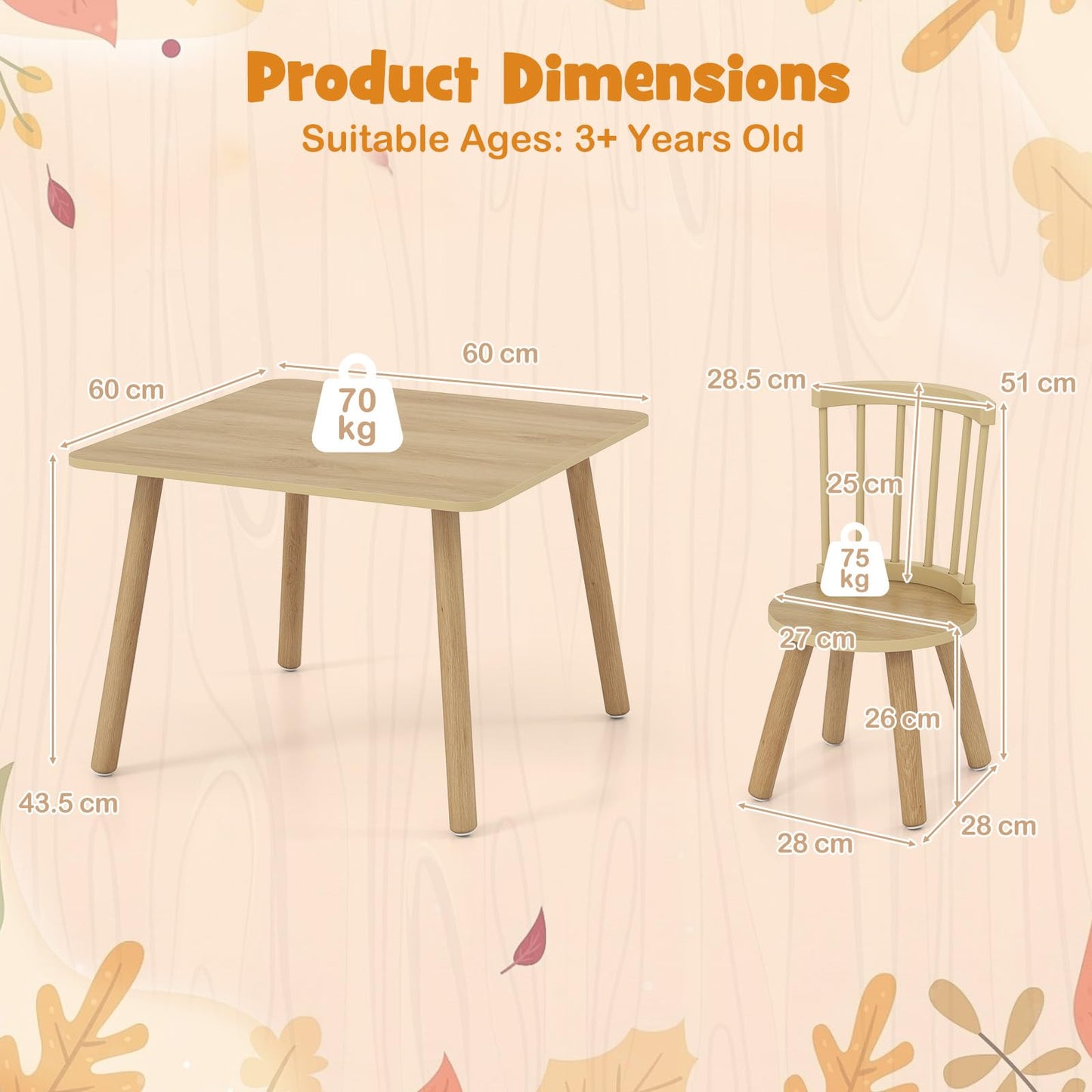 Kids Table and Chair Set, Wooden Toddler Play Table with Solid Wood Legs