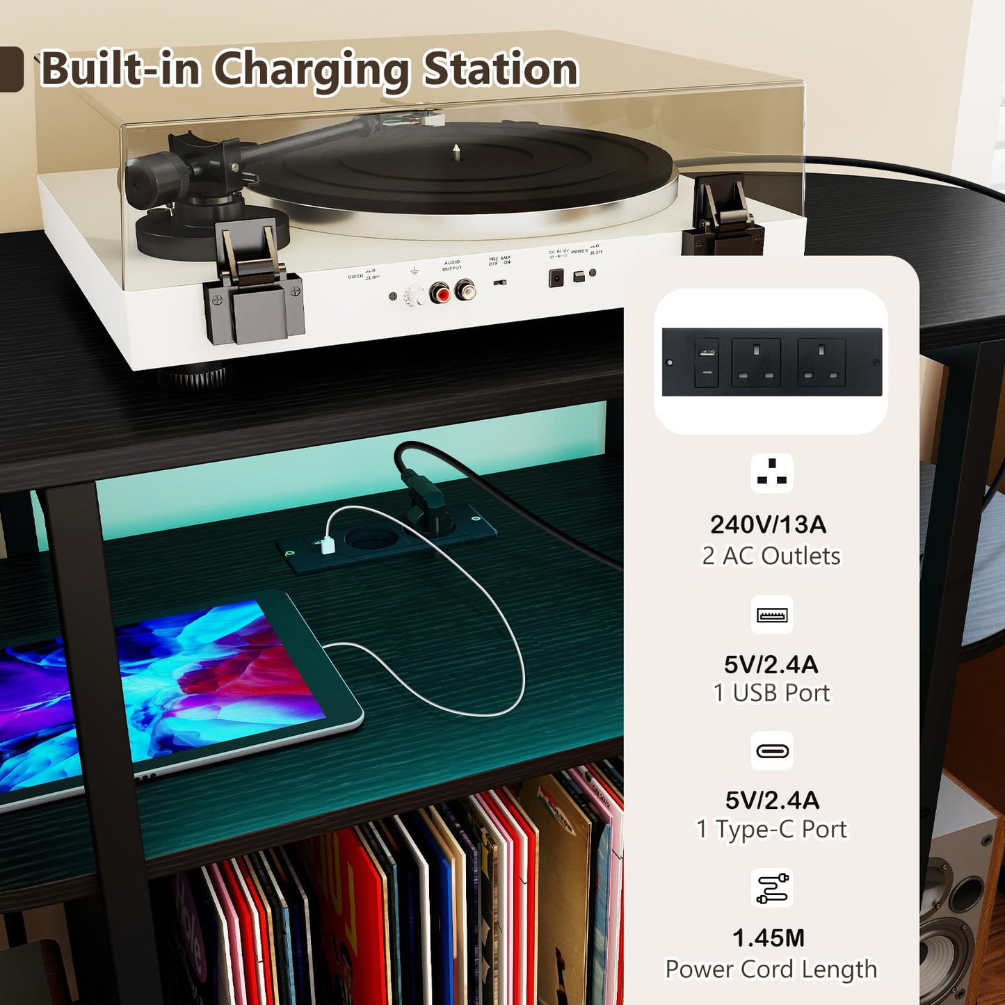 LED Record Player Stand with Charging Station