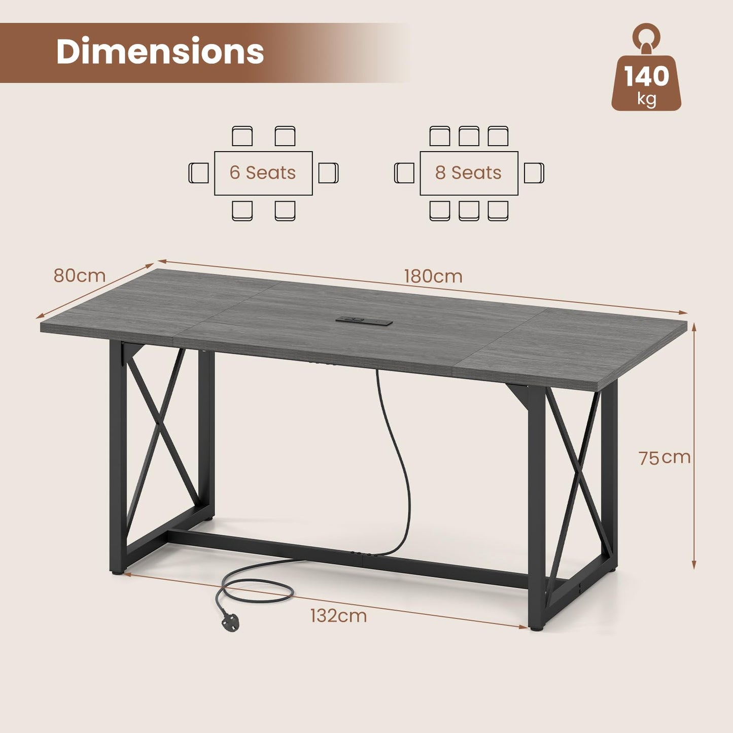 180 CM Conference Table for 6-8 People with Heavy-Duty Metal Frame