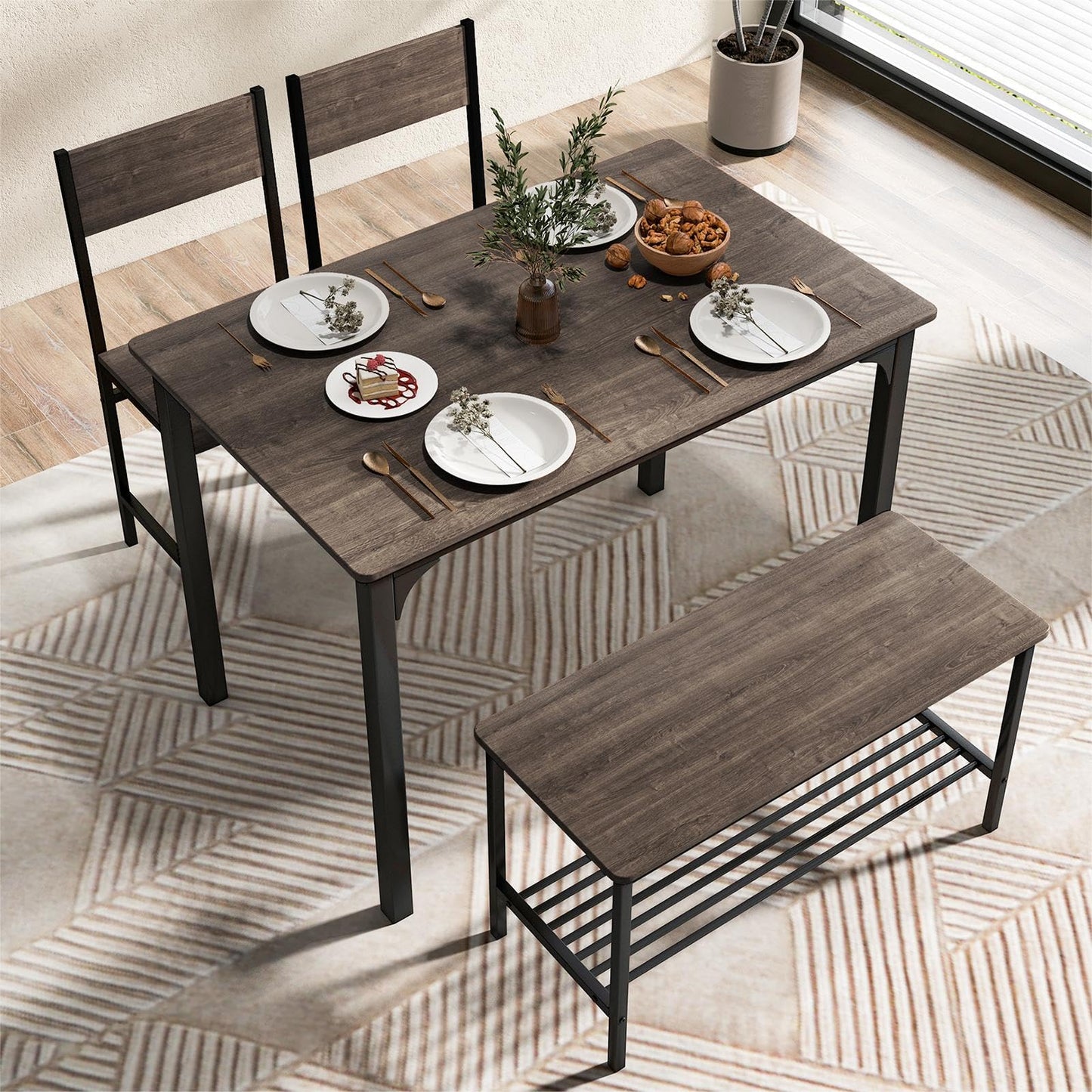 Dining Table and 2 Chairs with Bench, 4 Piece Metal Frame Kitchen Table and Chairs Set