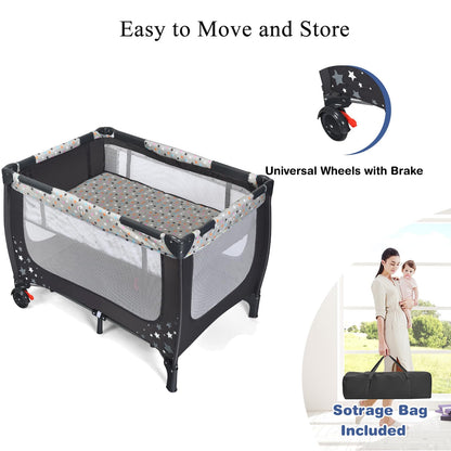 2-in-1 Foldable Baby Playpen with Lockable Wheels and Mattress