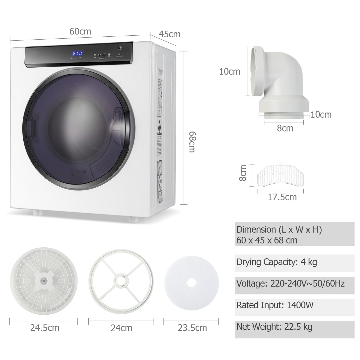 4KG Compact Dryer with Stainless Steel Tub and Multi-layer Filtration